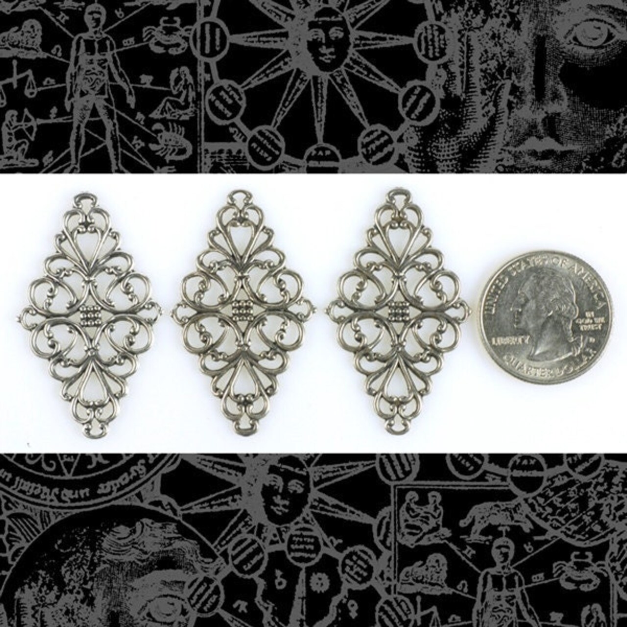Antiqued Silver Plated Brass Diamond Shaped Filigree Wraps - Set of Three - S-W10